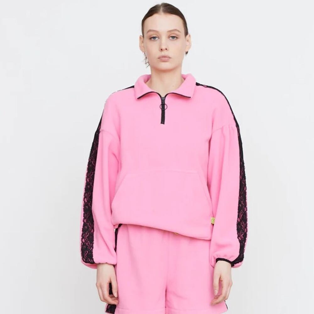 Lazy Oaf Pink and Black Lacey Micro Fleece 1/4 Zip M